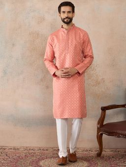 ETHNIC BAY - Mens Coral Jacquard Embroidered Kurta with Trouser