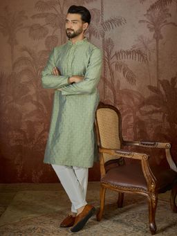 ETHNIC BAY - Mens Green Jacquard Embroidered Kurta with Trouser