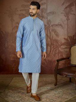 ETHNIC BAY - Mens Blue Jacquard Embroidered Kurta with Trouser
