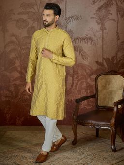 ETHNIC BAY - Mens Yellow Jacquard Embroidered Kurta with Trouser