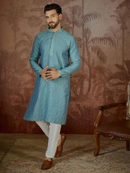 ETHNIC BAY - Mens Teal Jacquard Embroidered Kurta with Trouser