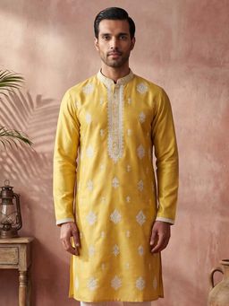 ETHNIC BAY - Mens Yellow Silk Blend Embroidered Kurta