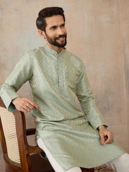 ETHNIC BAY - Mens Teal Jacquard Embroidered Kurta