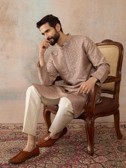ETHNIC BAY - Mens Taupe Jacquard Embroidered Kurta