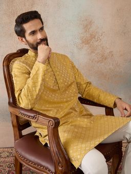 ETHNIC BAY - Mens Yellow Jacquard Embroidered Kurta