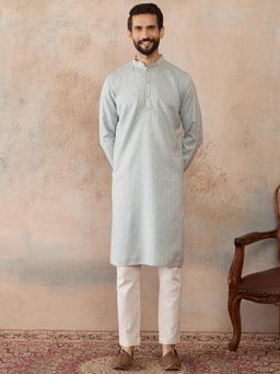 ETHNIC BAY - Mens Blue Linen Embroidered Kurta