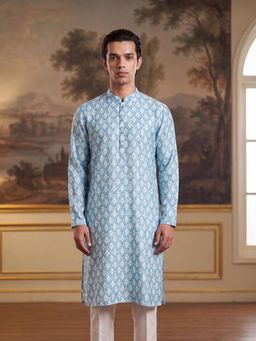 ETHNIC BAY - Mens Blue Linen Print Regular Kurta