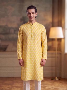 ETHNIC BAY - Mens Yellow Linen Print Regular Kurta