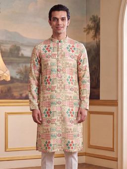 ETHNIC BAY - Mens Cream Linen Geometric Print Regular Kurta