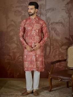 ETHNIC BAY - Mens Silk Blend Pink Printed Kurta