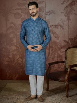 ETHNIC BAY - Mens Blue Linen Floral Print Regular Kurta