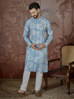 ETHNIC BAY - Mens Blue Linen Printed Regular Kurta