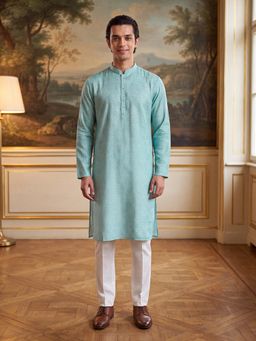 ETHNIC BAY - Mens Blue Linen Printed Regular Kurta