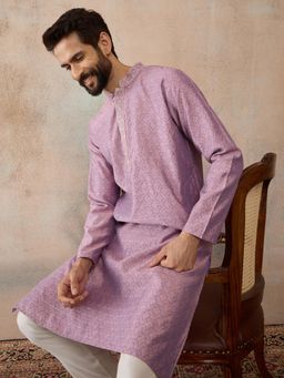 ETHNIC BAY - Mens Lavender Jacquard Embroidered Kurta