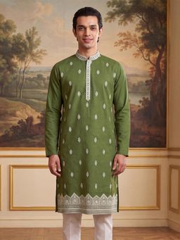 ETHNIC BAY - Mens Green Silk Blend Embroidered Kurta
