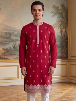ETHNIC BAY - Mens Red Silk Blend Embroidered Kurta