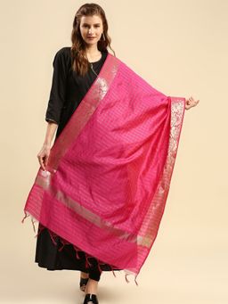 Dupatta Bazaar - Womens Rani Pink Checked Banarasi Silk Dupatta