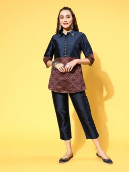 Jaipur Kurti - Blue Silk and Shifili Embellished Shirt Paired with Trousers (Set of 2)