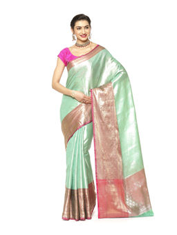 Banarasi Silk Works - Sea Green Kanchi Silk Pattu Border Saree with Unstitched Blouse