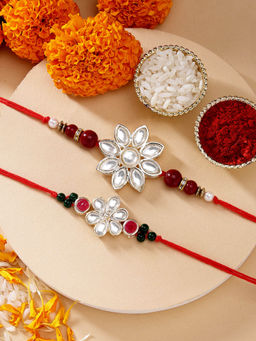 Karatcart - Set Of 2 Floral Design Kundan Beads Rakhi with Roli Chawal