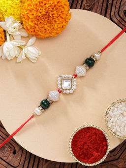 Karatcart - Classic Plated Beads Kundan Rakhi with Roli Chawal
