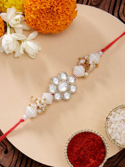 Karatcart - Floral Design Pearl and Kundan Rakhi with Roli Chawal