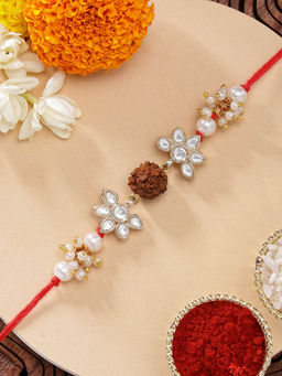 Karatcart - Rudraksh and Pearl Handmade Kundan Rakhi with Roli Chawal