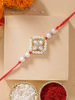 Karatcart - Light Weight Floral Design Kundan Rakhi with Roli Chawal
