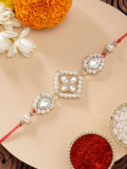 Karatcart - Plated Floral Design Kundan Rakhi with Roli Chawal