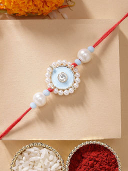 Karatcart - Meena Evil Eye Design Kundan Rakhi with Roli Chawal