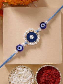 Karatcart - Meena Evil Eye Design Kundan Rakhi with Roli Chawal