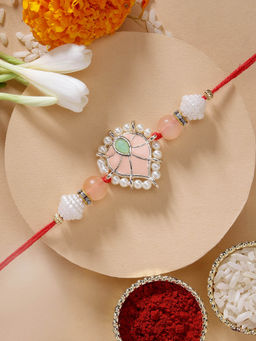 Karatcart - Special Meena Heart Shape Kundan Rakhi with Roli Chawal