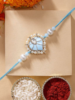 Karatcart - Special Meena Heart Shape Kundan Rakhi with Roli Chawal