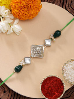 Karatcart - Drop Bead Square Shape Kundan Rakhi with Roli Chawal