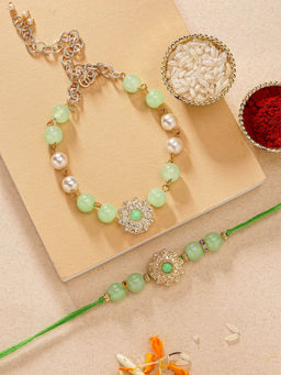 Karatcart - Beads Floral Design Kundan Bhaiya Bhabhi Rakhi with Roli Chawal