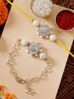 Karatcart - Plated Floral Design Pearl Kundan Bhaiya Bhabhi Rakhi with Roli Chawal