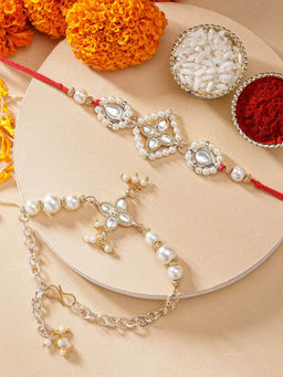 Karatcart - Plated Floral Design Pearl Kundan Bhaiya Bhabhi Rakhi with Roli Chawal