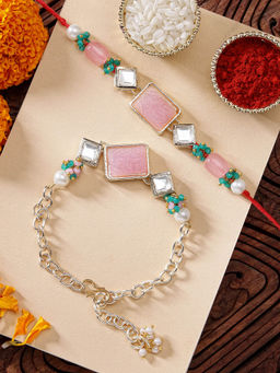 Karatcart - Carved Stone Crystal Kundan Bhaiya Bhabhi Rakhi with Roli Chawal