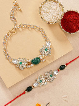 Karatcart - Plated Kundan Bhaiya Bhabhi Rakhi with Roli Chawal
