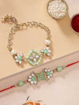 Karatcart - Beads Floral Design Kundan Bhaiya Bhabhi Rakhi with Roli Chawal
