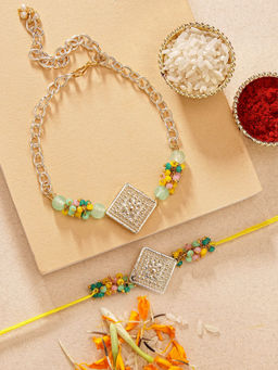 Karatcart - Crystal Square Kundan Bhaiya Bhabhi Rakhi with Roli Chawal