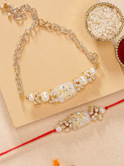 Karatcart - Tumble and Pearl Kundan Bhaiya Bhabhi Rakhi with Roli Chawal