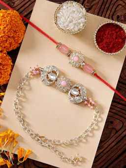 Karatcart - Stone Heart Shape Kundan Bhaiya Bhabhi Rakhi with Roli Chawal