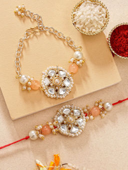 Karatcart - Beads Floral Shape Kundan Bhaiya Bhabhi Rakhi with Roli Chawal