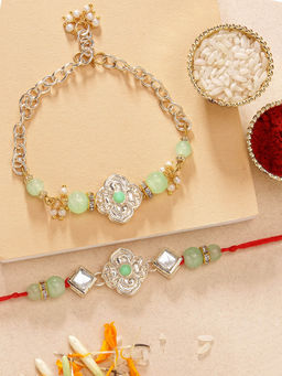 Karatcart - Beads Floral Design Kundan Bhaiya Bhabhi Rakhi with Roli Chawal