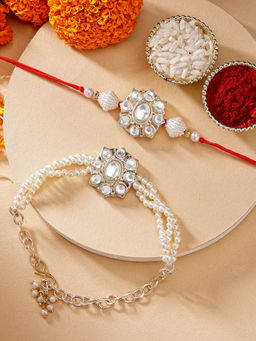 Karatcart - Pearl Beaded Floral Design Kundan Bhaiya Bhabhi Rakhi with Roli Chawal