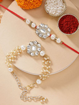Karatcart - Pearl Beaded Floral Design Kundan Bhaiya Bhabhi Rakhi with Roli Chawal