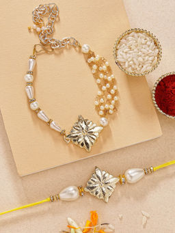 Karatcart - Pearl Beaded Floral Design Kundan Bhaiya Bhabhi Rakhi with Roli Chawal