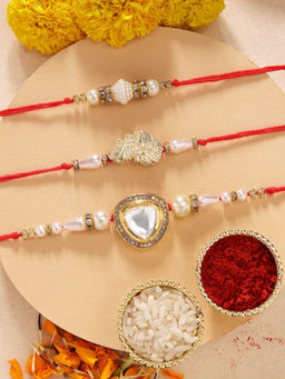 Karatcart - Set Of 3 Handmade Polka Kundan Rakhi'S with Roli Chawal
