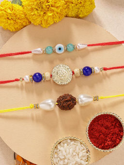 Karatcart - Set Of 3 Rudraksh and Kundan Rakhi'S with Roli Chawal